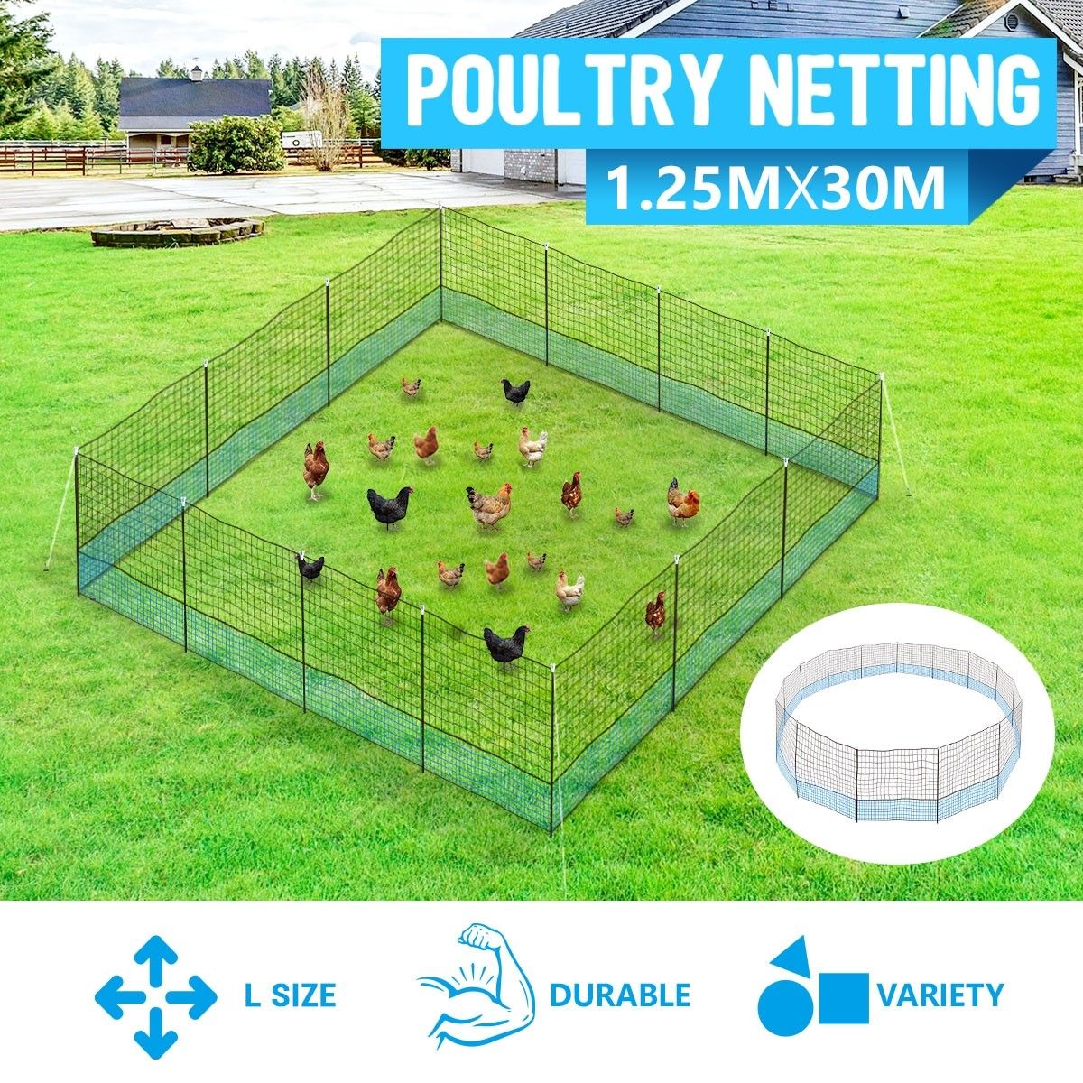 30m x 1.25m Poultry Net Chicken Fence Netting Ducks Geese Hens with 15 ...