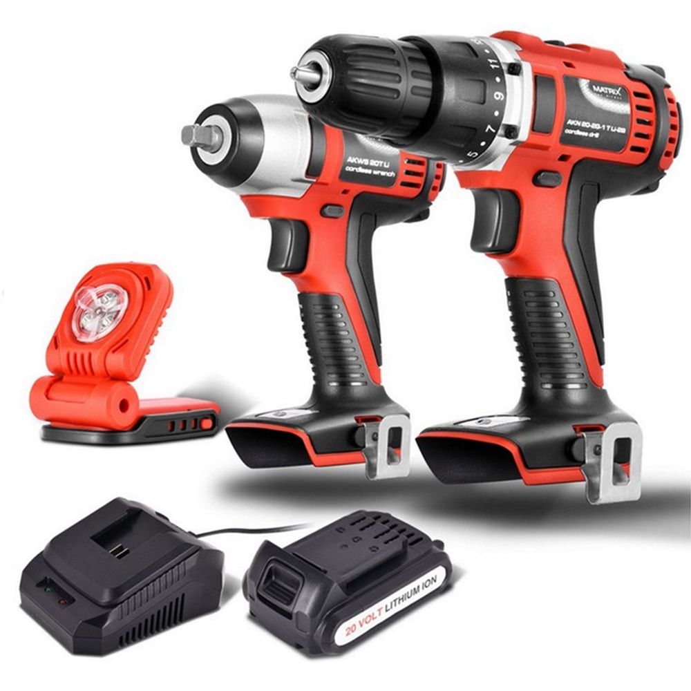 Matrix Power Tools 20V Cordless Brushed Drill + Impact Wrench + Work Light Combo Kit