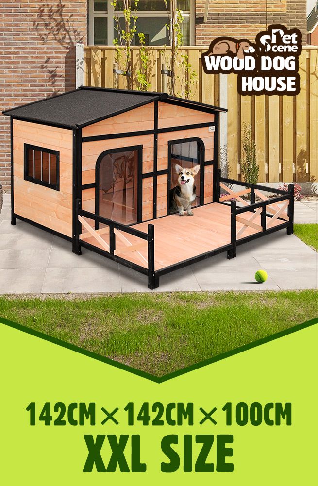 Petscene XXL Wooden Dog Kennel 2Door Timber Pet House w/ Patio