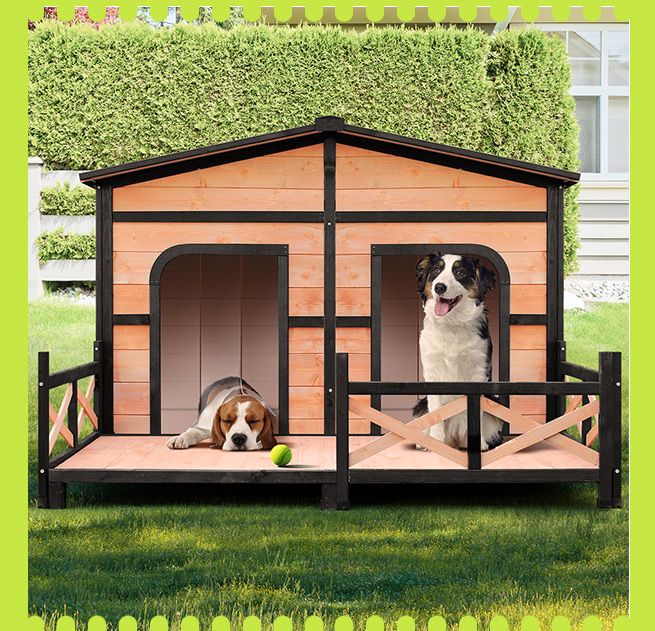 Petscene XXL Wooden Dog Kennel 2Door Timber Pet House w/ Patio