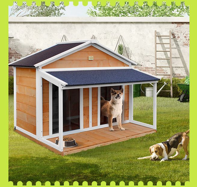 Petscene XXL Fir Wood Dog House Kennel w/ 2 Doors Porch Plastic Curtains Rubber Feet Cover