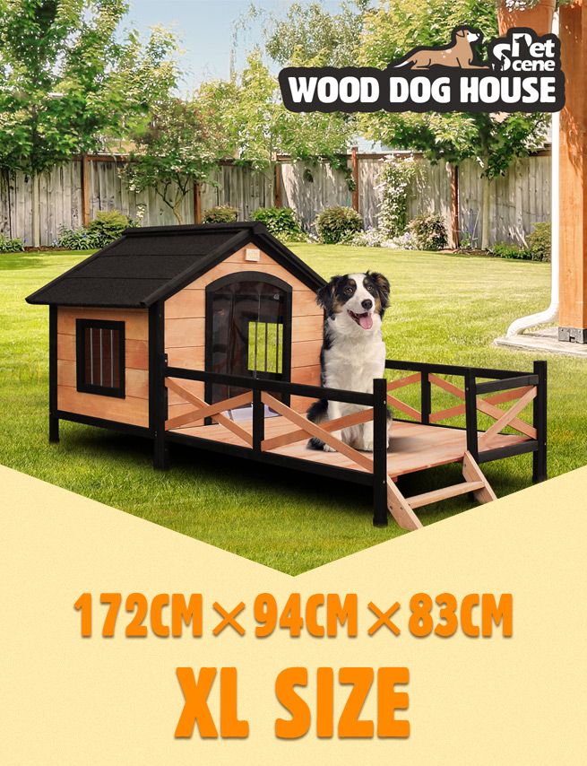 XL Size Wooden Kennel Outdoor Pet Dog House w/ Liftup Roof Patio