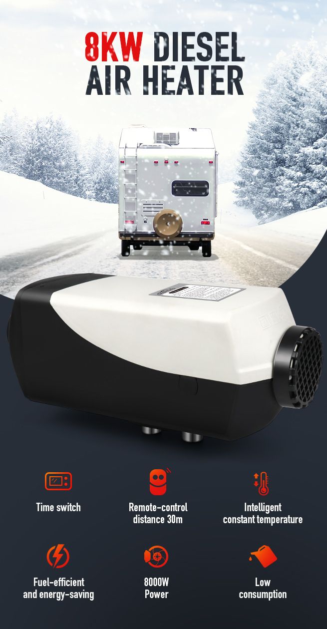 8kW 12V RV Diesel Air Heater Kit Portable Vehicle Heater w LCD Remote Control - Black & Grey