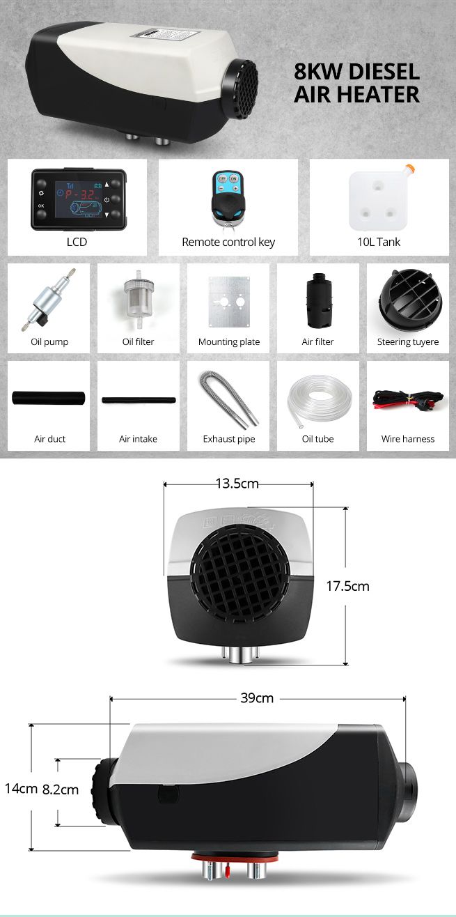 8kW 12V RV Diesel Air Heater Kit Portable Vehicle Heater w LCD Remote Control - Black & Grey