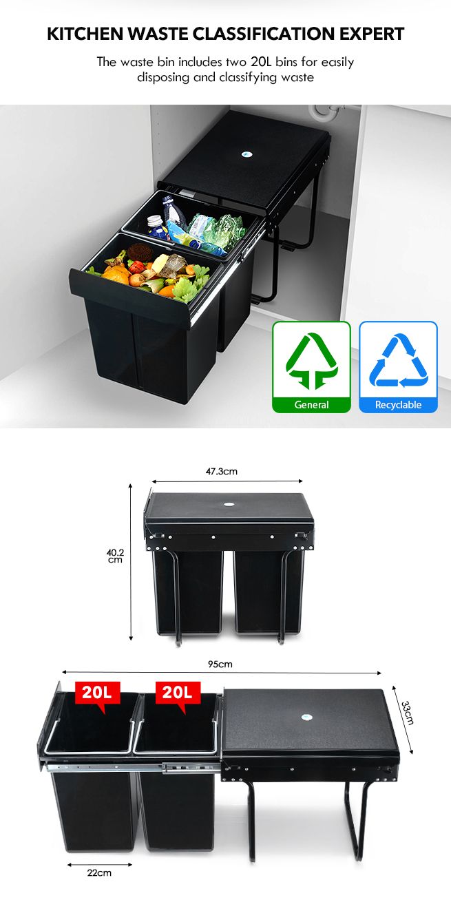 2x 20L Pull Out Trash Bin Kitchen Garbage Waste Basket Under Sink Rubbish w/ Soft-Close Slides