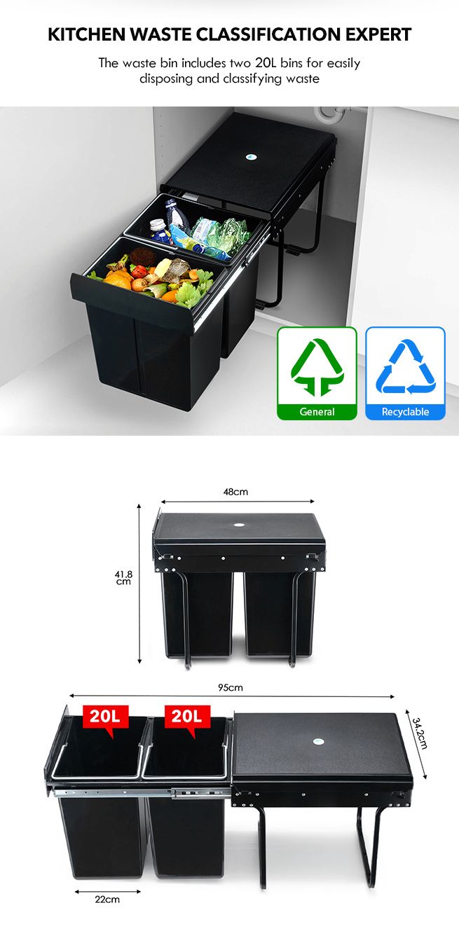 2x 20L Pull Out Trash Bin Kitchen Garbage Waste Basket Under Sink