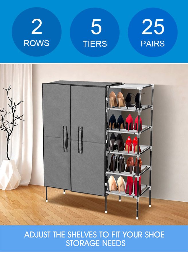 20 Pairs 5 Tier Metal Shoe Rack Cabinet Stackable Shelf Shoe Storage Organizer 2 Rows