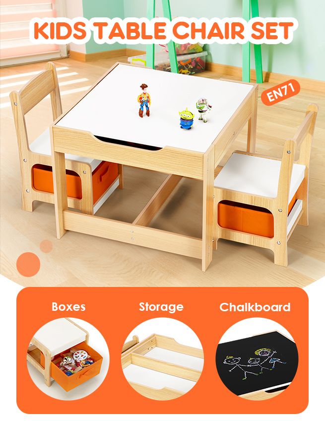 Kidbot 3pcs Kids Table Chair Set Play, Childrens Wooden Table And Chairs Set With Storage
