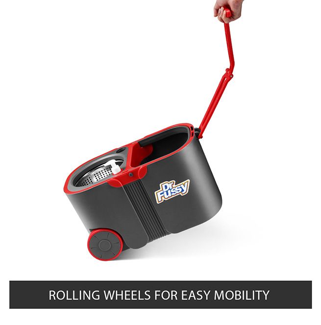 Dr Fussy 360 Degree Spin Rotating Mop and Bucket Set with Wheels and 4 Microfibre Mop Heads