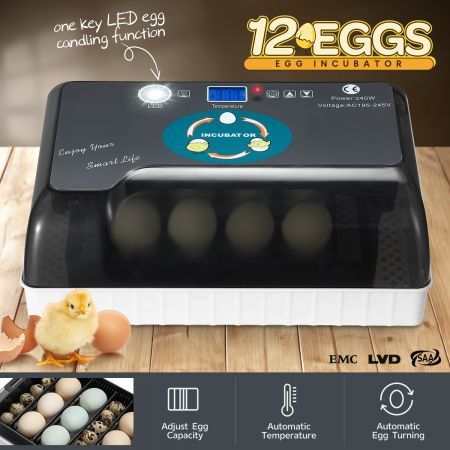 12 Egg Incubator Auto Egg Turning Digital Chicken Goose Duck Quail Eggs Hatcher LED Lighting Machine