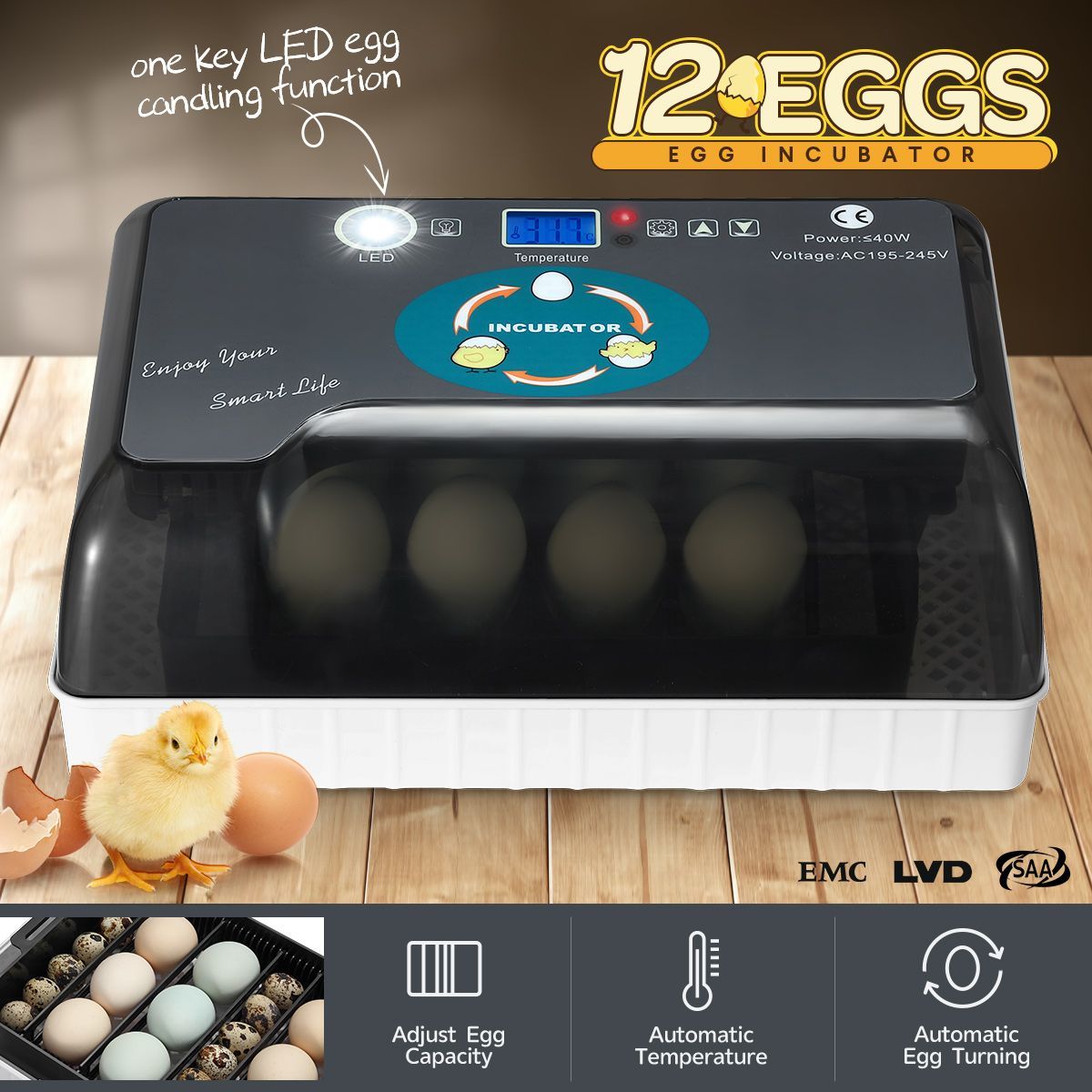 12 Egg Incubator Auto Egg Turning Digital Chicken Goose Duck Quail Eggs Hatcher LED Lighting Machine