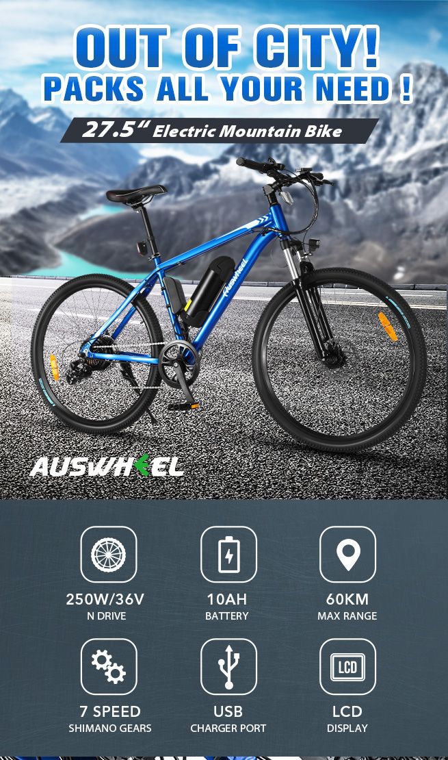 Auswheel 27.5  Electric Bike eBike Mountain Bicycle 36V 250W Brushless Motor 7 Speed Shifter