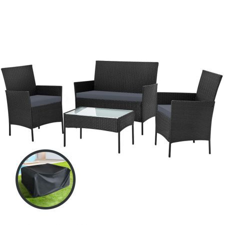 Gardeon Outdoor Furniture Lounge Setting Wicker Patio Dining Set w/Storage Cover Black