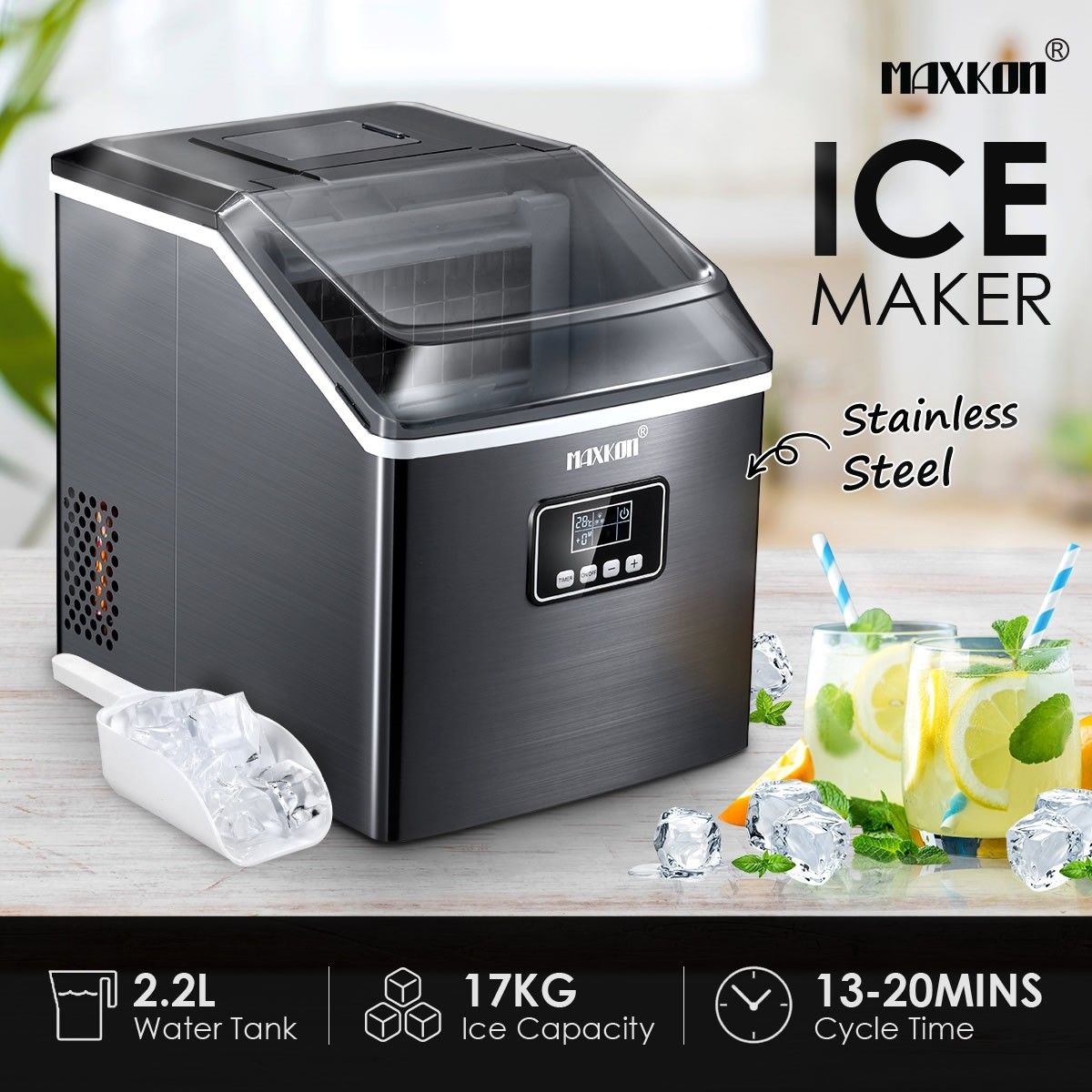 Maxkon 17KG Portable Commercial Ice Maker Machine Stainless Steel Fast Freezer Black