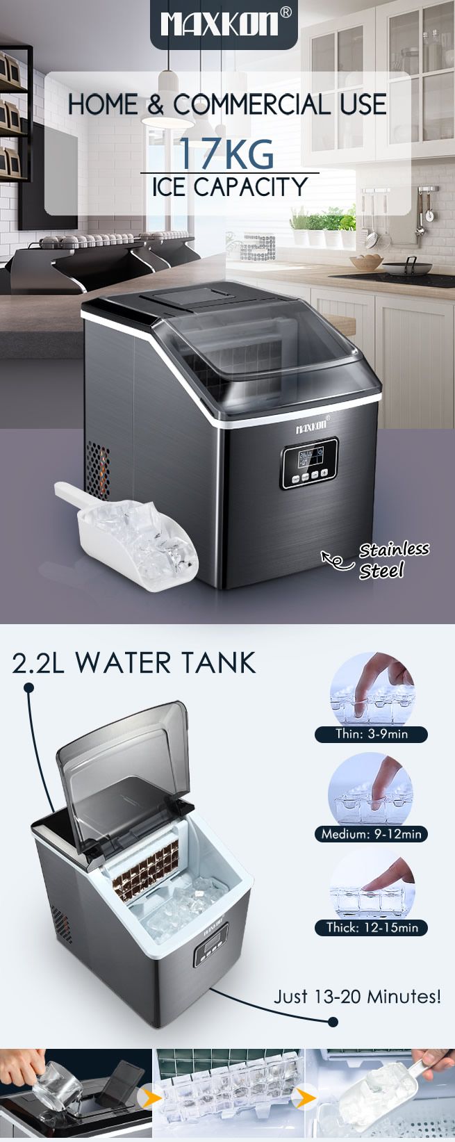 Maxkon 17KG Portable Commercial Ice Maker Machine Stainless Steel Fast Freezer Black Crazy Sales