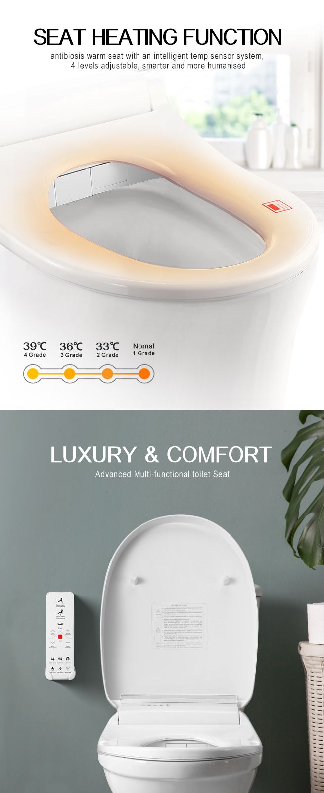 Smart Toilet Seat Bidet Cover Remote Control Electric Heated Toilet