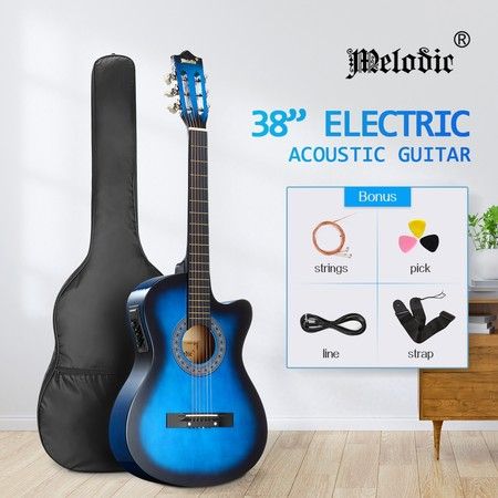 Melodic Blue 38 Inch Electric Acoustic Guitar Classical Cutaway 6 Strings for Beginners w/ Bag