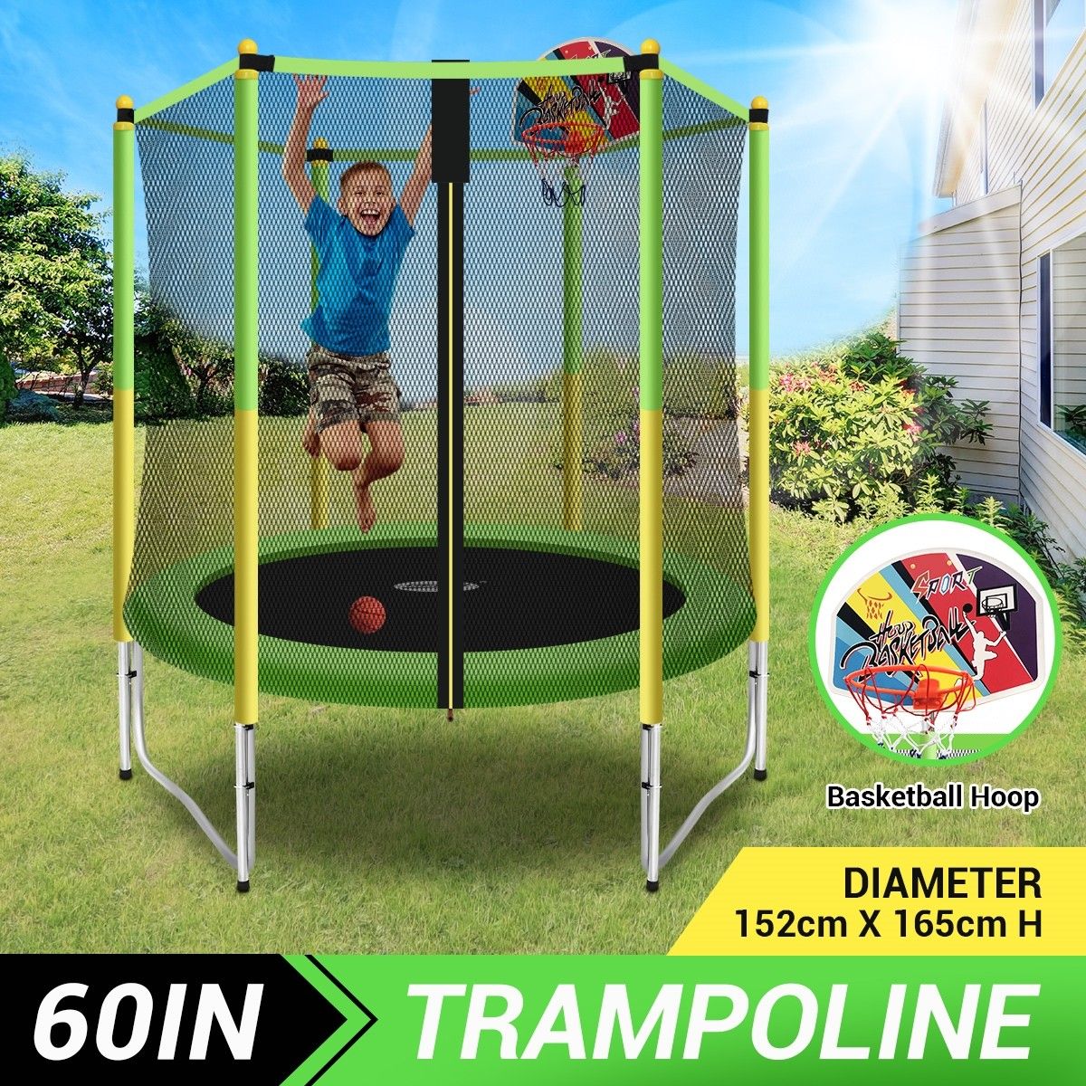 Genki 60" Trampoline Rebounder Jumping Gym Equipment Home Outdoor Fitness Kids Exericise with Safety Enclosure Net and Basketball Hoop