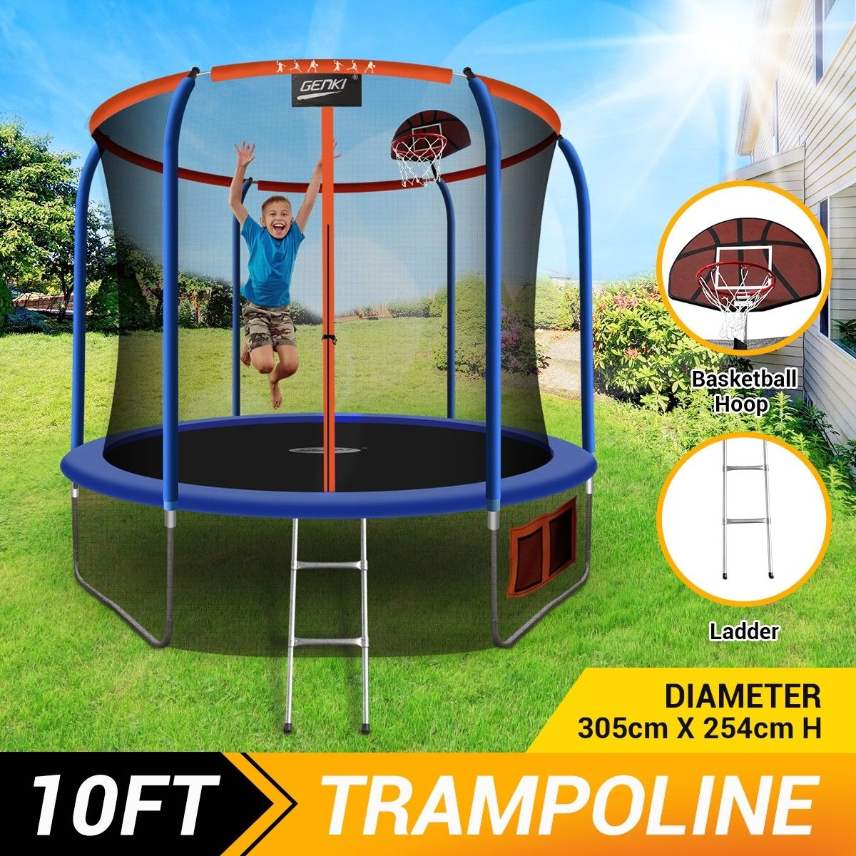 Genki 10ft Round Kids Trampoline with Safety Enclosure & Basketball Hoop 