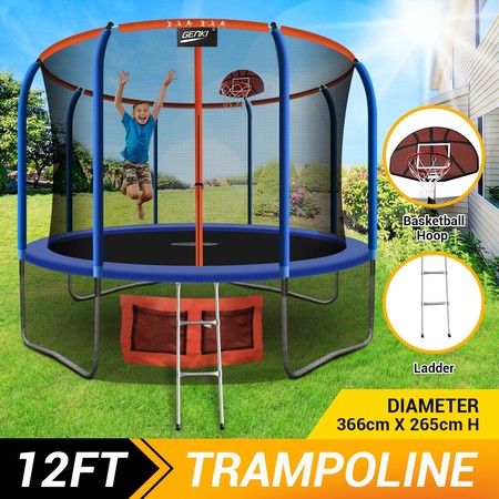 Genki 12ft Kids Round Trampoline with Safety Enclosure & Basketball Hoop