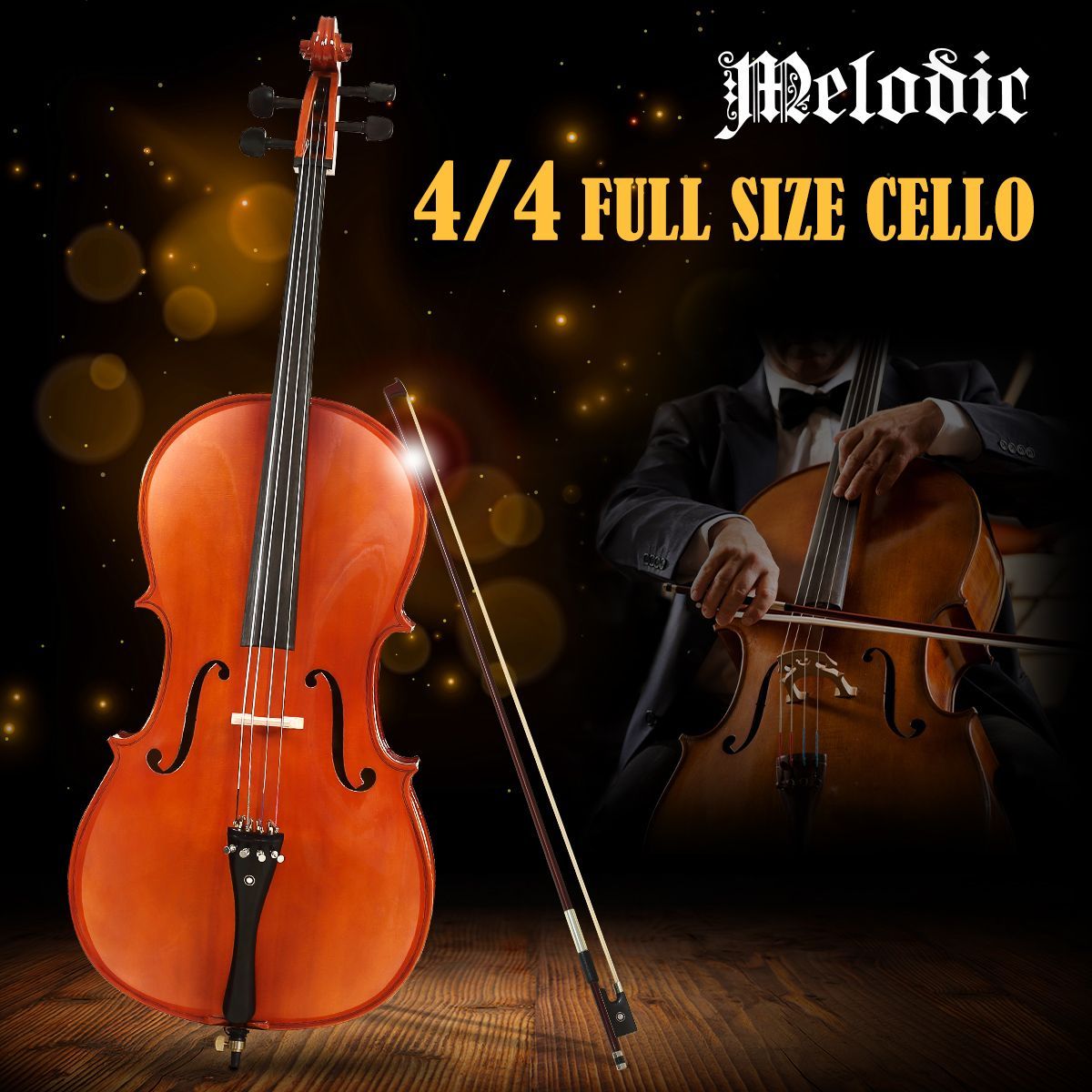 Melodic Full-size 4/4 Cello Outfit with Carrying Case 