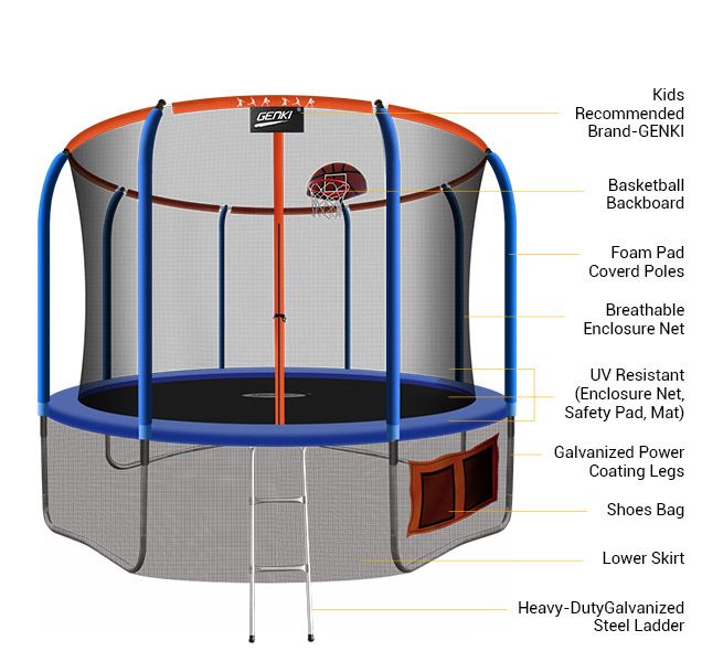 Genki 12ft Kids Round Trampoline with Safety Enclosure & Basketball