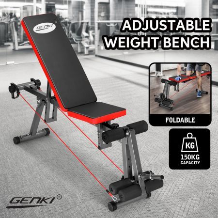 Genki Adjustable Weight FID Bench Home Gym with Elastic Ropes Black & Red