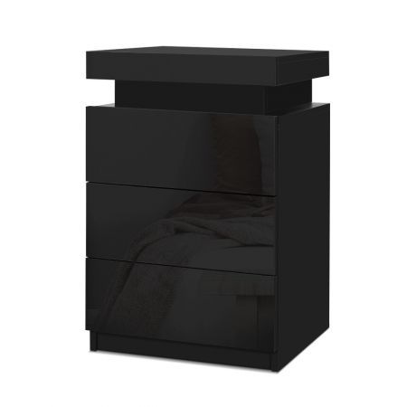 Artiss Bedside Tables Side Table 3 Drawers Rgb Led High Gloss Nightstand Black Crazy Sales