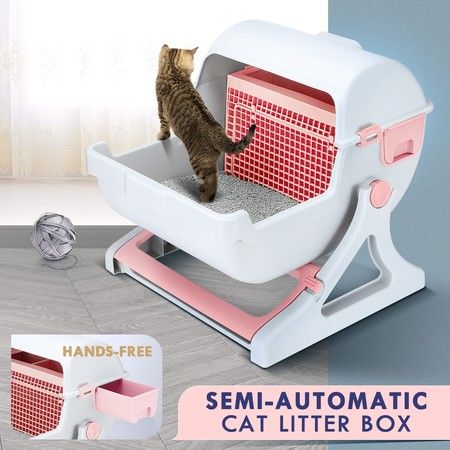 Cat Litter Box Large Kitty Hooded Tray Semi Automatic Toilet Pet Furniture Training Pink