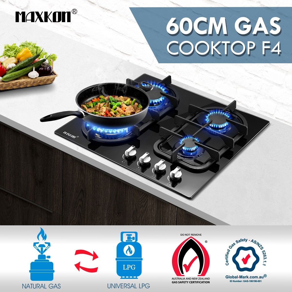 60cm Gas Cooktop 4 Burner Gas Hob Black Tempered Glass Top Gas Stove NG