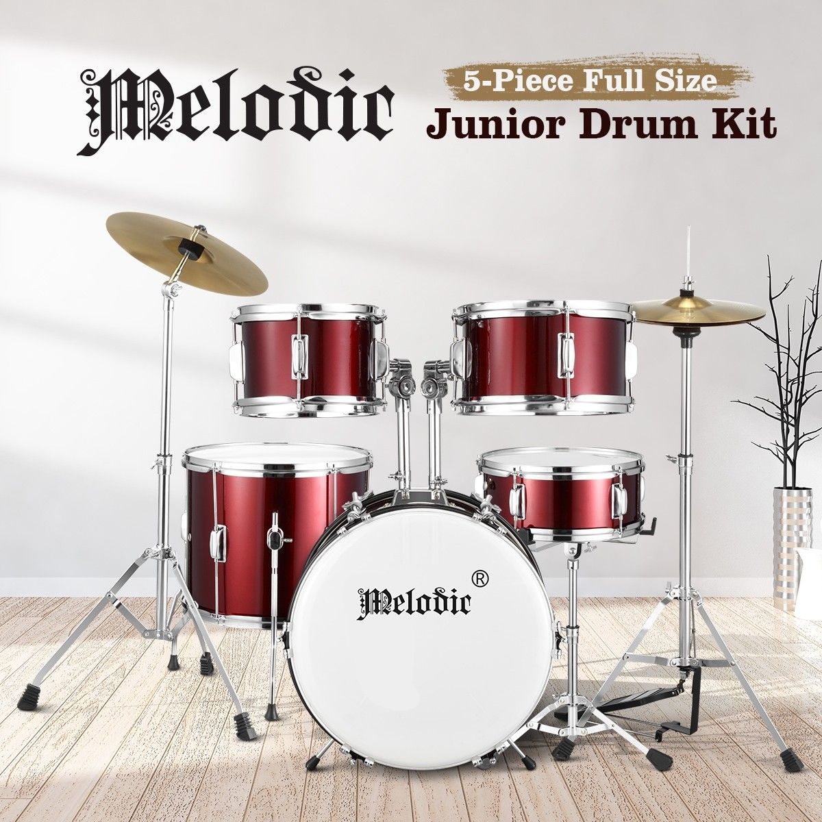 Melodic 5 Piece Drum Kit for Children Kids w/ Kick Pedal Cymbals Stool Drumsticks Red 