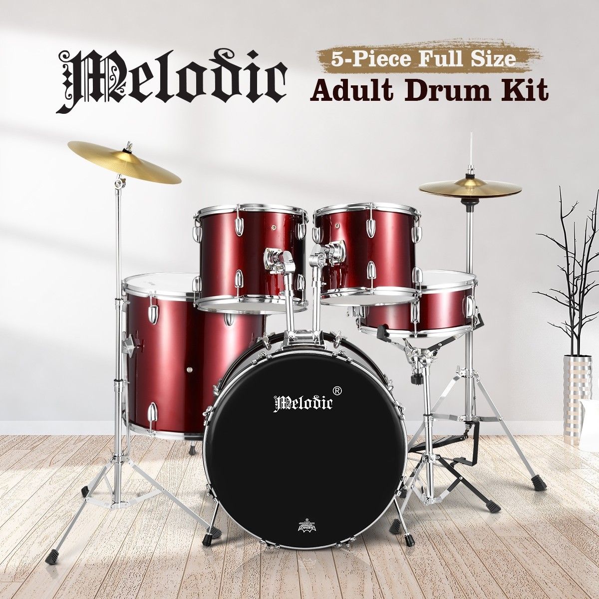 Melodic Full-size 5 Piece Drum Kit with Double Braced Hardware Cymbals Stool Red 