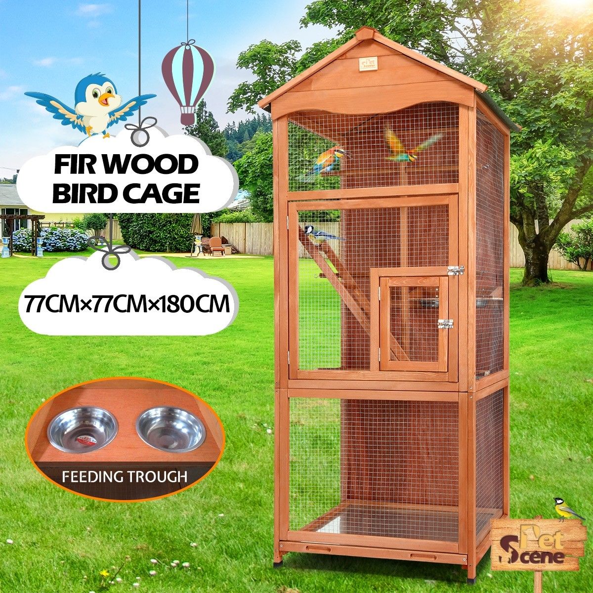 View of Petscene 180cm Wooden Bird Cage Aviary Parrot Budgie Canary Finch House