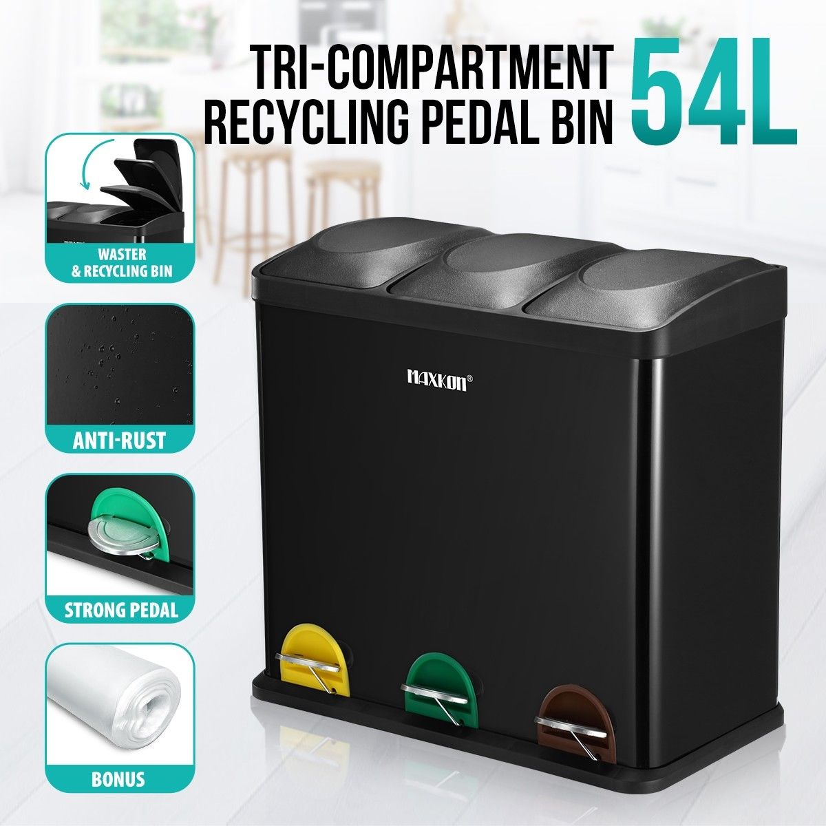 54L Triple Compartment Pedal Bin Kitchen Recycling Waste Bins Coated Steel Black