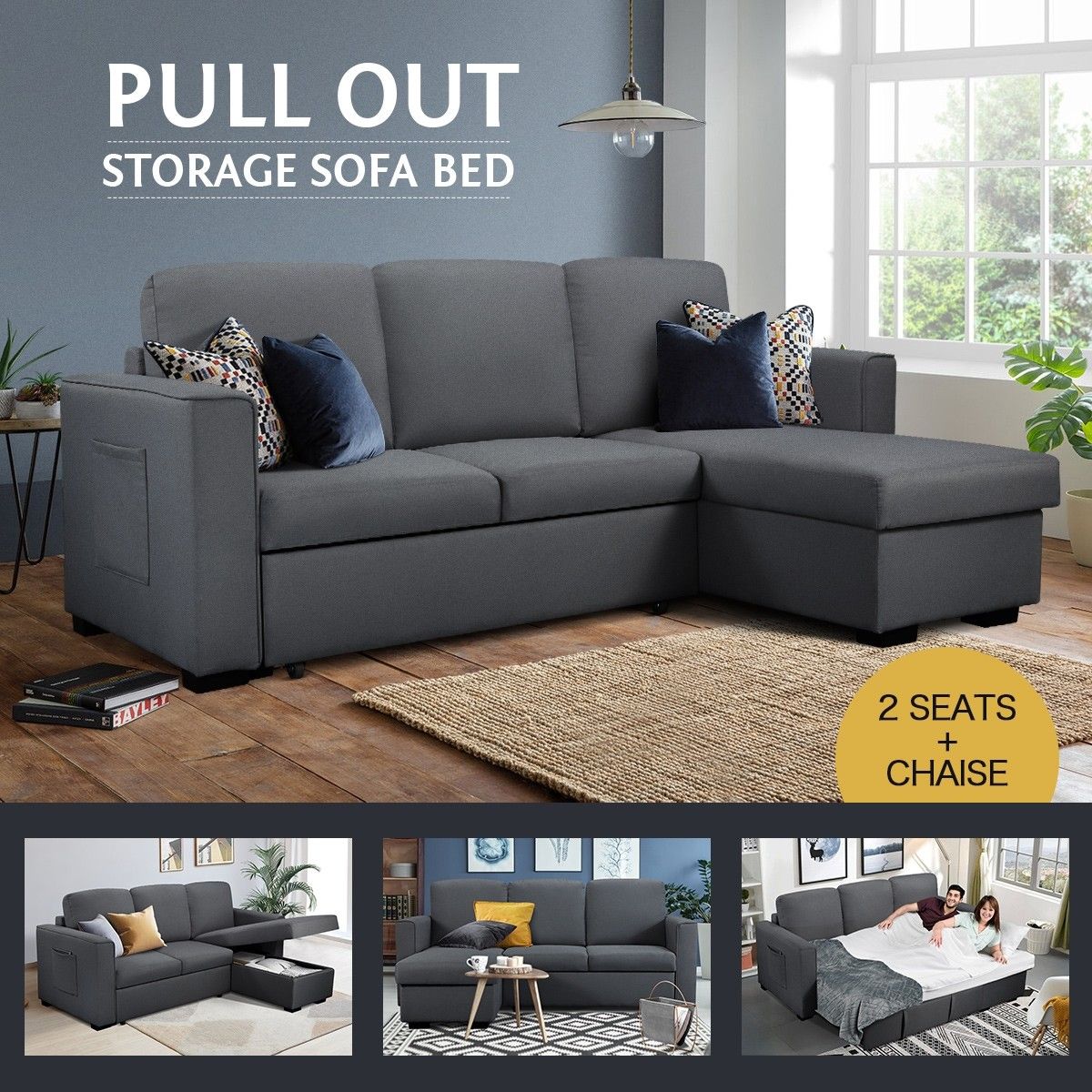 Sofa Bed Lounge Set Futon Couch 3 Seater Storage Chaise Corner Dark Grey