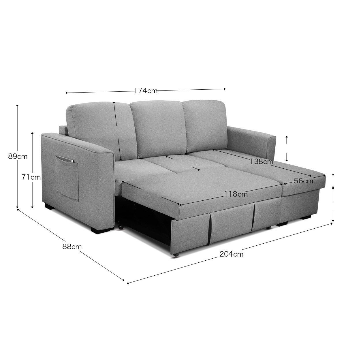 Sofa Bed Lounge Set Futon Couch 3 Seater Storage Chaise Corner Light