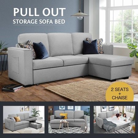 Sofa Bed Lounge Set Futon Couch 3 Seater Storage Chaise Corner Light Grey