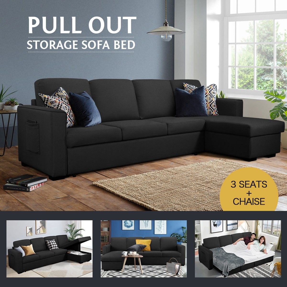 4 Seater Fabric Sofa Bed Corner Lounge Chaise Couch Set with Storage Black