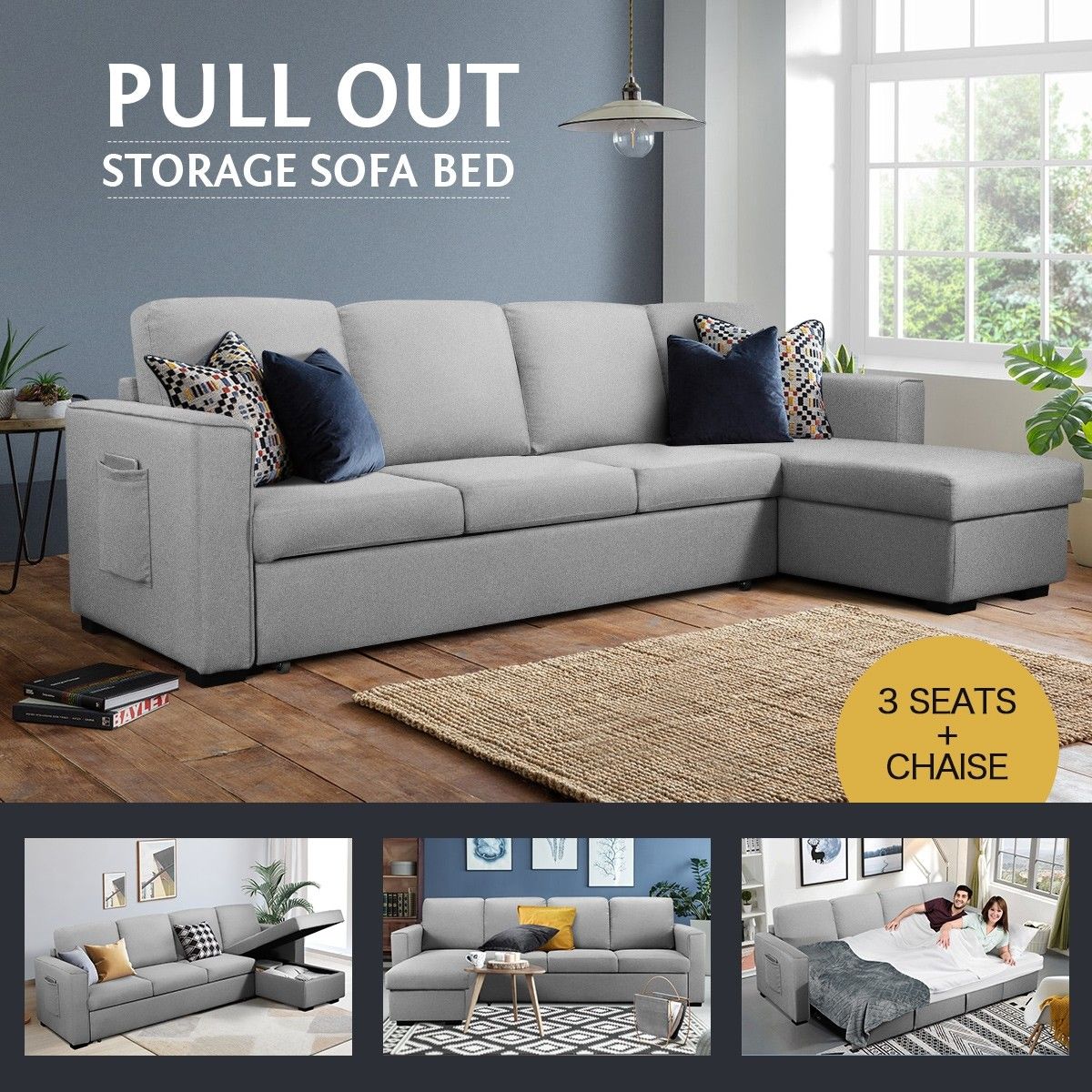 4 Seater Fabric Sofa Bed Corner Lounge Chaise Couch Set with Storage ...