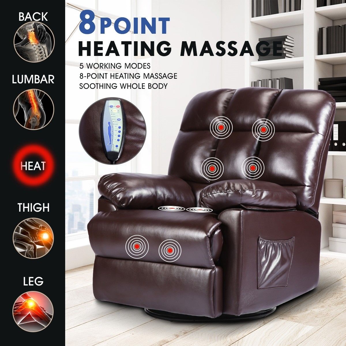 PU Leather Recliner Massage Chair 360Degree Swivel 8Point Heating