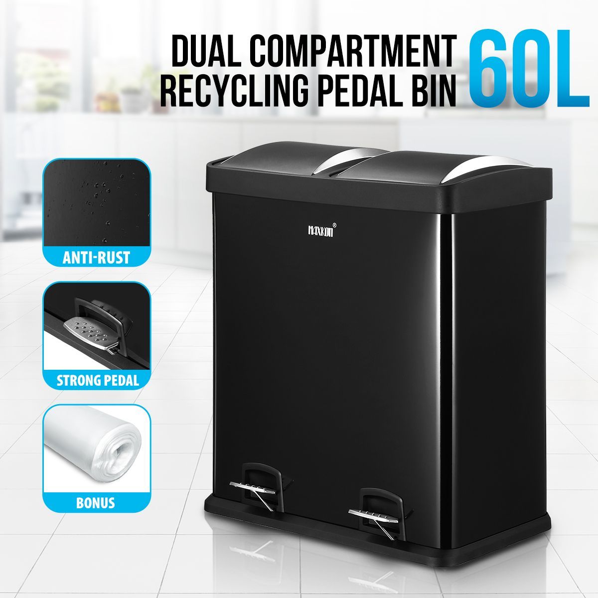 60L Dual Compartment Pedal Bin Kitchen Recycling Waste Bins Coated Steel Black 