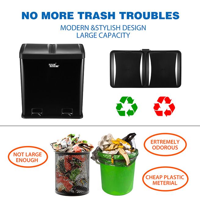 60L Dual Compartment Pedal Bin Kitchen Recycling Waste Bins Coated Steel Black