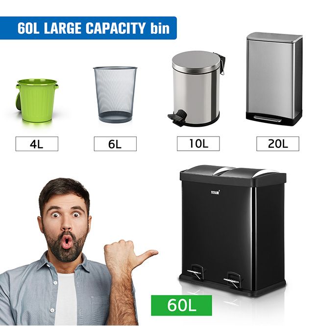 60L Dual Compartment Pedal Bin Kitchen Recycling Waste Bins Coated Steel Black