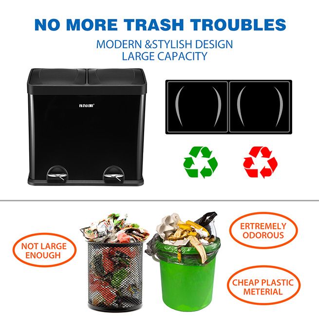 48L Dual Compartment Pedal Bin Kitchen Recycling Waste Bins Coated Steel Black