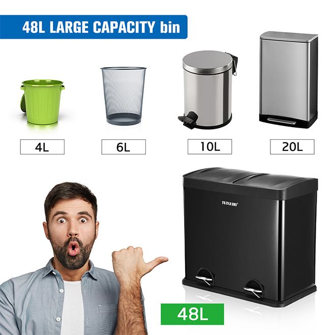 48L Dual Compartment Pedal Bin Kitchen Recycling Waste Bins Coated Steel Black