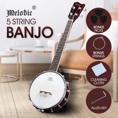 Melodic 5 String Banjo Beginner Banjo Music Instrument w/ String Picks 20 Frets 12 Brackets