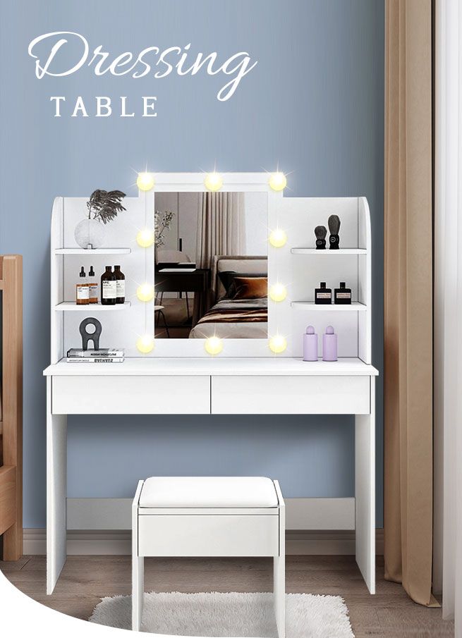 White Dressing Table Makeup Vanity, Lighted Vanity Makeup Mirror And Desk Set