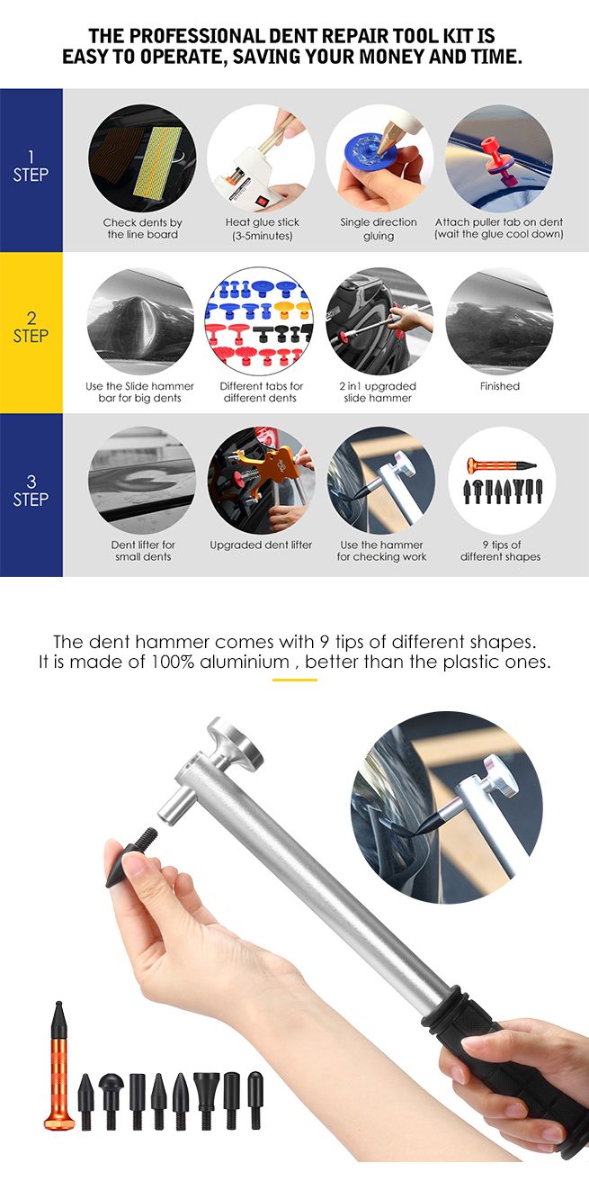 Professional 95 Pieces PDR Paintless Dent Repair Tool Kit Car Dent ...