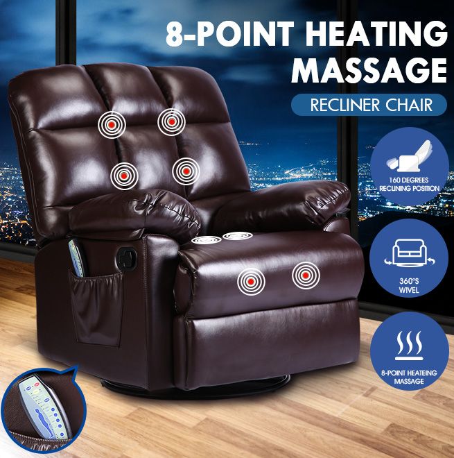 Pu Leather Recliner Massage Chair 360 Degree Swivel 8 Point Heating Seat Crazy Sales 