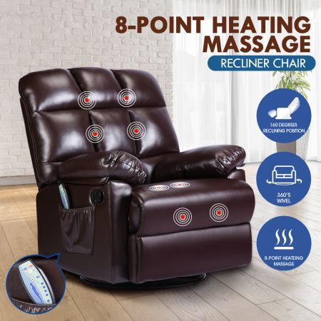 PU Leather Recliner Massage Chair 360-Degree Swivel 8-Point Heating Seat